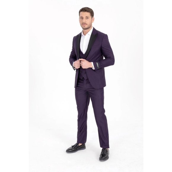 Derman Purple Satin Collar 3 Piece Tuxedo - Picture 3 of 7